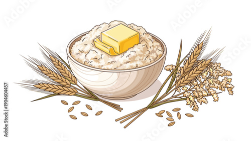 Warm bowl of oatmeal porridge topped with a melting square of butter and surrounded by wheat stalks on a white background.