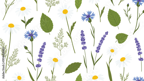 Vibrant seamless floral pattern showcasing a variety of wildflowers including daisies, cornflowers, and lavender on a white background.