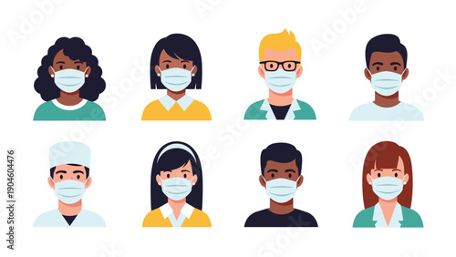 Diverse group of people from various backgrounds wearing surgical face masks for protection during a health crisis or pandemic.