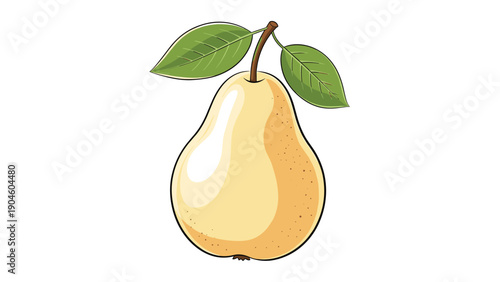 Single ripe yellow pear with two green leaves on its stem isolated on a white background for healthy eating and fruit themes.