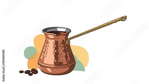 Traditional copper Turkish coffee pot called a cezve with a long handle and coffee beans scattered at the base for a cafe theme.