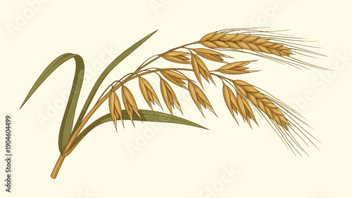 Single stalk of ripe golden wheat or oats with long awns and green leaves isolated on a light cream background for agriculture.