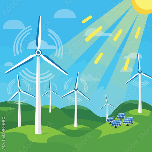 A vibrant illustration showcasing wind turbines, solar panels, and the sun