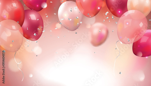 Festive red pink balloons with metallic confetti for celebration background. Shiny party decorations with floating ribbons. Luxury birthday or anniversary banner with glamorous effects