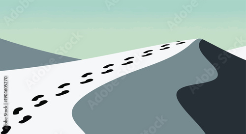 Footprints in Snow Dunes. Winter Landscape Illustration. Minimalist Vector Art. Cold Journey Background.