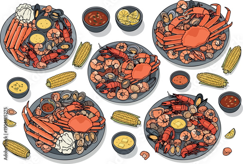 A delightful spread of fresh seafood boils featuring crab, lobster, shrimp, corn, and various dipping sauces, perfect for a festive gathering or a seafood feast