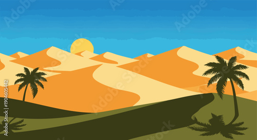 Desert landscape illustration. Flat design vector background. Sunset over sand dunes with palm trees.