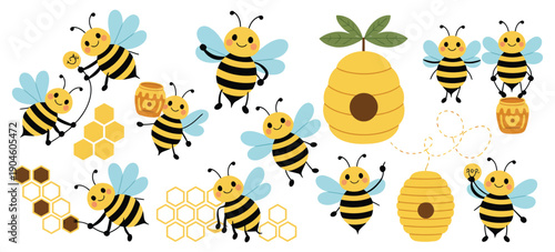 Cute Bee with Buzz Wing and Hive Wax Comb, Honey Beekeeping Cartoon, Smiling Joyful Bees, Heart Play Fun Kid Toon, Flower Bloom Hex Cell Vector Mascot.