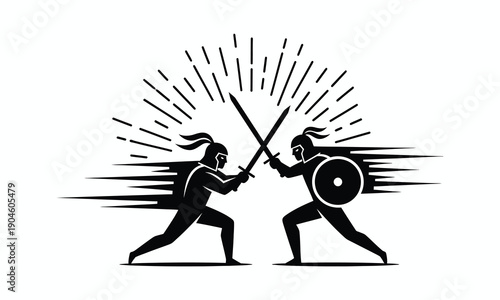 Dynamic illustration of two warriors clashing swords in intense battle