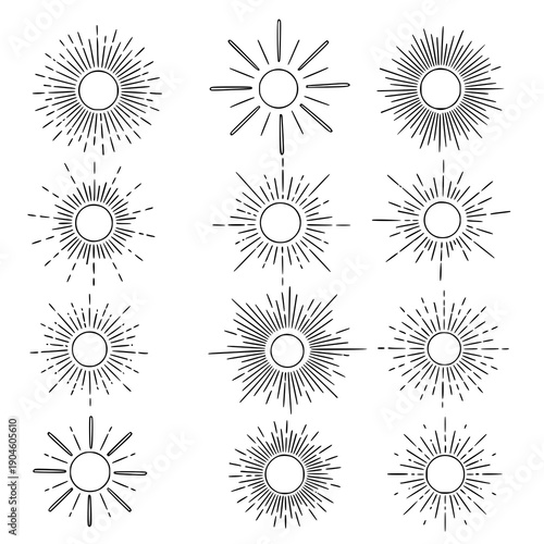 Minimal doodle sunburst line art vector set