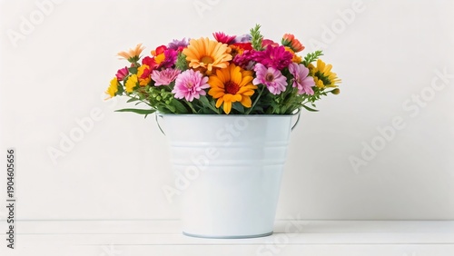 Wallpaper Mural Vibrant flowers in a white metal bucket on a white table Torontodigital.ca