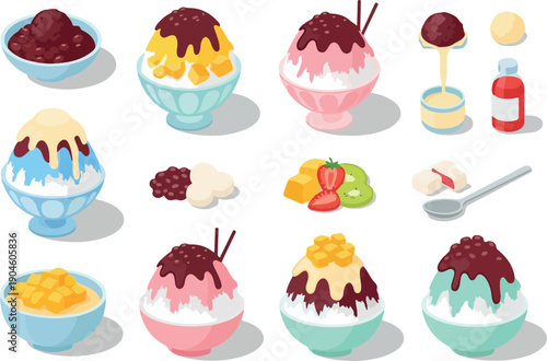 Collection of colorful shaved ice desserts with various toppings and ingredients, presented in a clean, flat illustration style