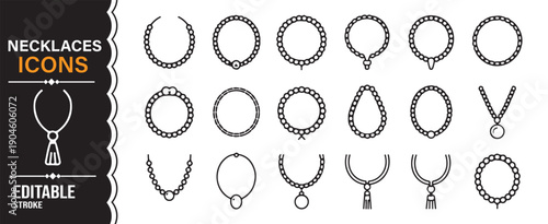 Chain and Pendant Outline Icons Set for Fashion Design