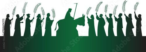 A vibrant green and black silhouette illustration capturing a significant procession, featuring a central figure riding an animal, surrounded by a welcoming crowd waving symbolic fronds