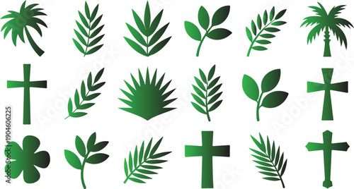 A vibrant collection of gradient green vector icons featuring various stylized palm leaves, tropical foliage, and Christian crosses, symbolizing faith, nature, and the renewal of life