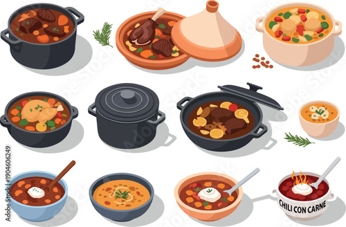 A collection of delicious and hearty stews and soups served in various pots and bowls, showcasing diverse culinary dishes