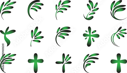 A collection of elegant green leaf motifs and Christian cross symbols, symbolizing nature, spirituality, and growth, perfect for design projects and decorative elements