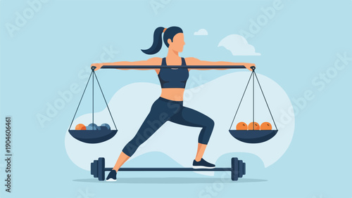 A woman balances fitness and healthy eating on a barbell
