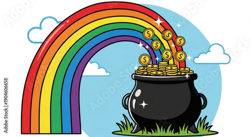 Rainbow Ending in Pot of Gold Coins on Green Grass against Blue Sky