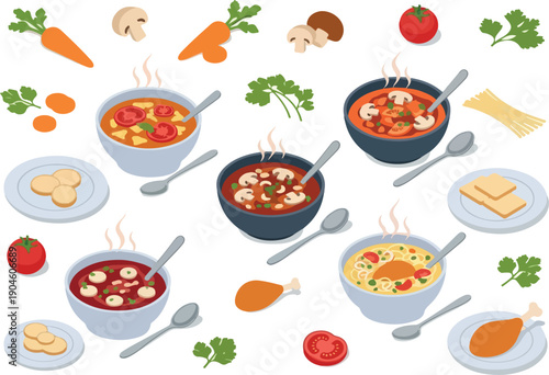 A vibrant and diverse collection of delicious homemade soups and fresh ingredients, perfect for a healthy and satisfying meal