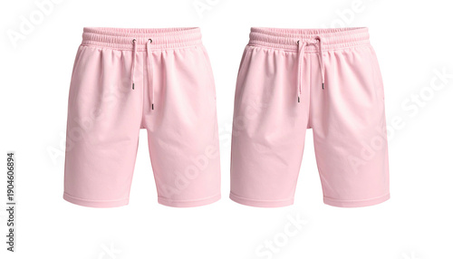 Two pastel pink shorts with drawstring waistbands, isolated on black