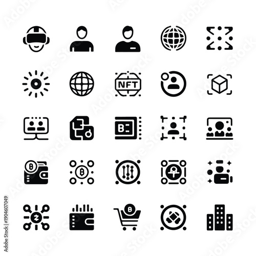 Clean vector icons set with 24 business and technology symbols, perfect for web and app design. Minimalist and modern.