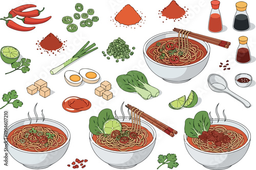 A vibrant collection of delicious Asian noodle soup dishes and ingredients, artfully arranged for a culinary presentation