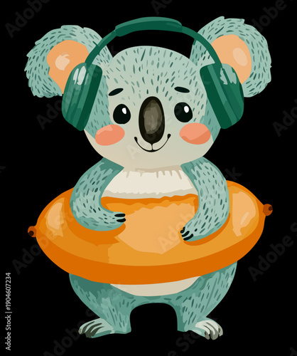 cute koala wearing teal headphones and holding orange lifebuoy for summer holiday theme character design