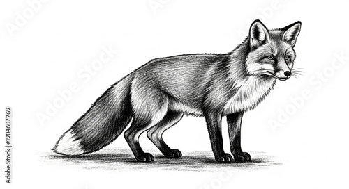 Detailed Sketch of a Standing Fox in Black and White.