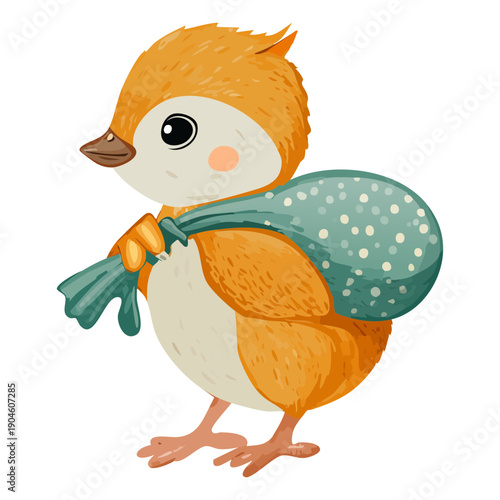 adorable chick carrying teal polka dot bag for children adventure theme and animal character design