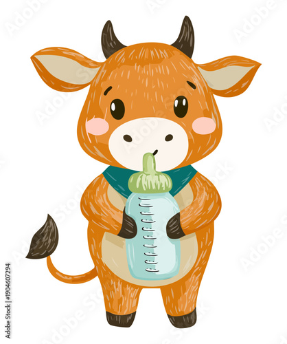 little cow drinking from milk bottle wearing teal outfit for farm theme and nursery stickers