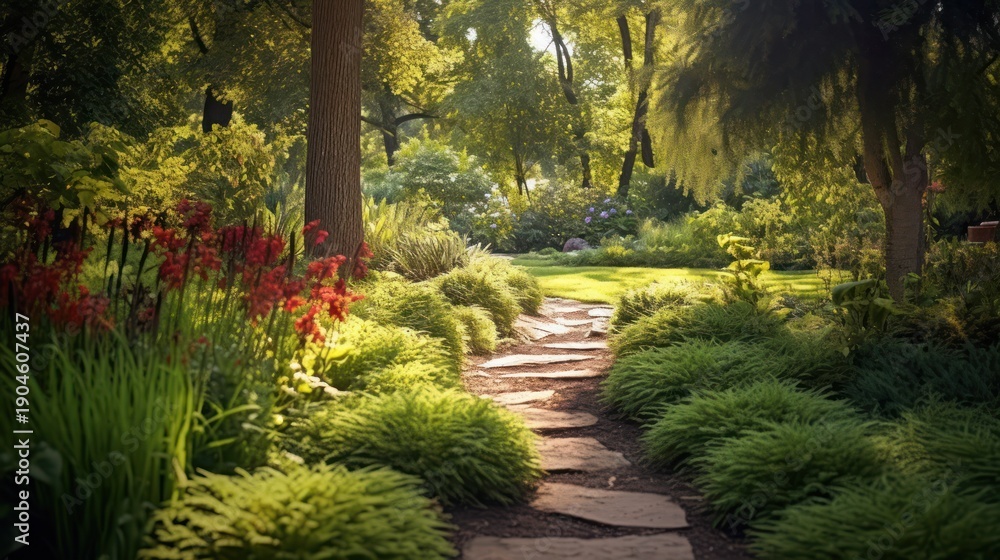 Obraz premium Discover the tranquil beauty along this winding, sun-kissed garden walkway leading to a hidden clearing.