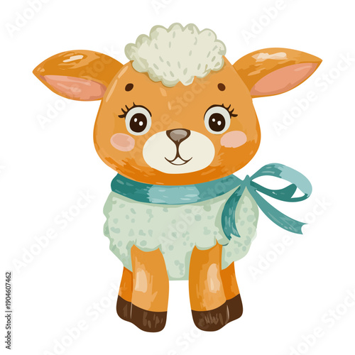 cute lamb wearing teal scarf and dress for children book animal character design and nursery art