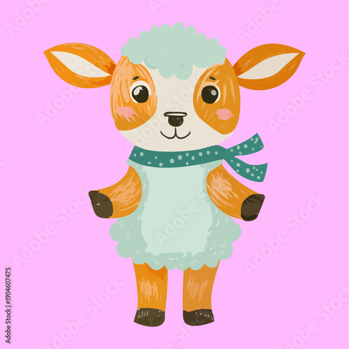 adorable lamb wearing teal scarf and polka dot dress for nursery room wall decor art design