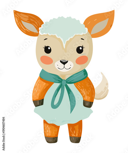 sweet little lamb wearing teal scarf and dress for baby shower invitation card design illustration art