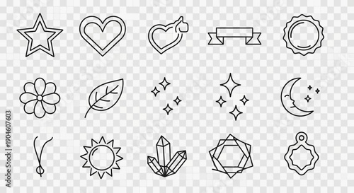 A collection of outline vector icons including stars, hearts, moon, sun, flowers, leaves, crystals, and geometric shapes on a transparent background.