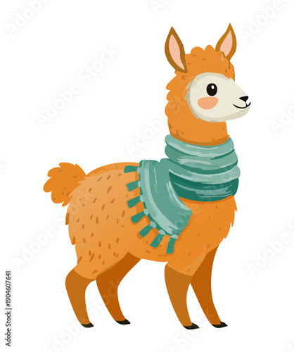 Brown alpaca wearing teal scarf and standing in forest for nature and wildlife animal themes