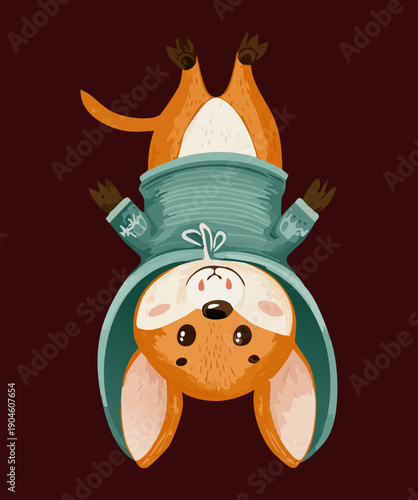 Playful red panda hanging from tree branch upside down wearing teal hoodie with dark background
