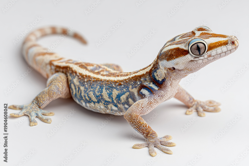 Obraz premium A macro portrait of a bearded dragon reptile pet with a spotted tail and brown eye, isolated on both a black and wooden background as a wild nature creature