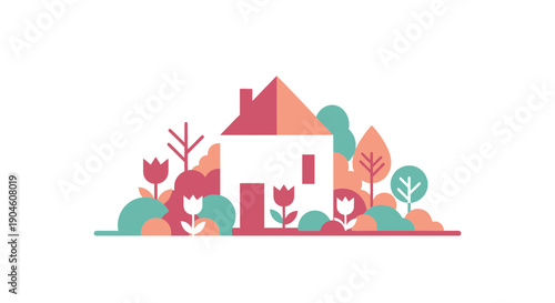 Cozy house surrounded by colorful abstract nature elements