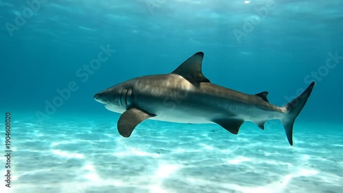 Wallpaper Mural Underwater scene shows a sleek shark gliding through clear tropical waters with sunlit blue hues. Torontodigital.ca