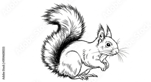 Detailed Sketch of a Squirrel with Fluffy Tail.