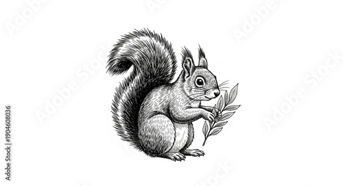 Detailed Sketch of a Squirrel with Bushy Tail and Leafy Branch.
