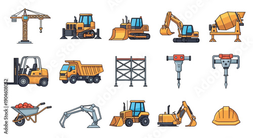 Collection of various yellow construction vehicles, heavy machinery, and tools used for building and earthmoving projects on a white background.