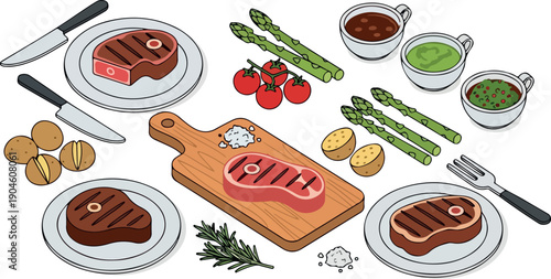 A Culinary Masterpiece Grilled Steaks with Asparagus, Tomatoes, and Assorted Dipping Sauces on a Wooden Cutting Board