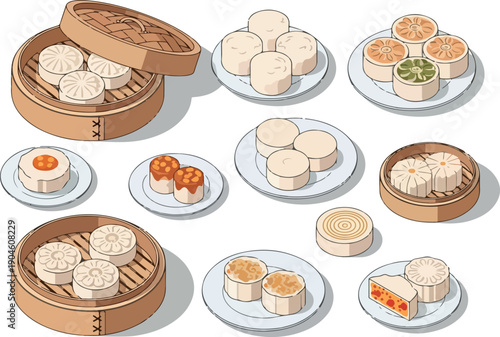 A delightful assortment of traditional Asian steamed buns and pastries, presented on plates and in bamboo steamers
