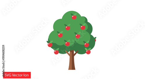 Cartoon Apple Tree with Ripe Red Apples, Flat Design