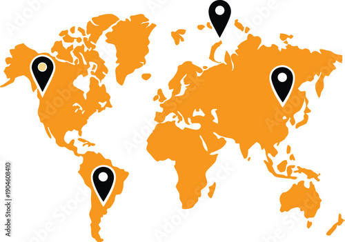 Global map with marked locations on orange continents