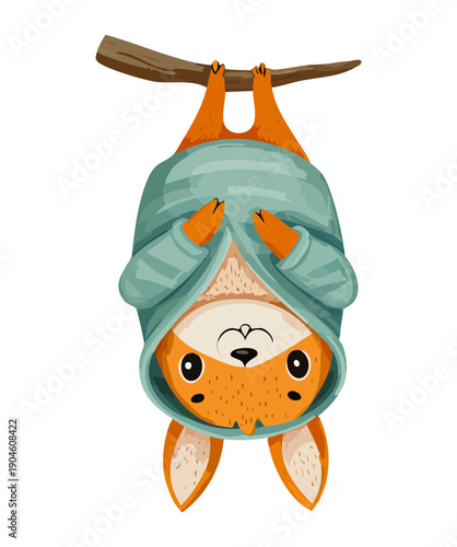 Funny fox character hanging upside down from tree branch wearing teal sweater for playful vibes