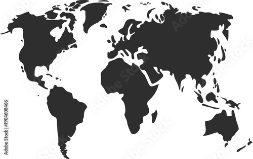 A black and white silhouette of the world map on a white background global geography